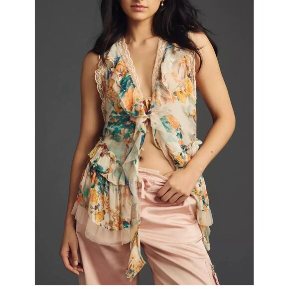 By Anthropologie Sleeveless Trailing Ruffle Blouse Floral Print Lace Trim Large - Picture 2 of 12